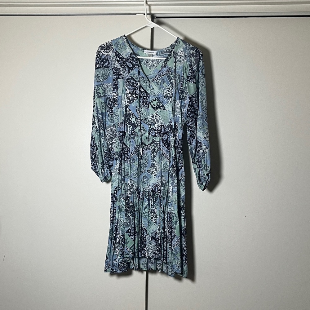Calvin Klein Blue & Mint Printed Long-Sleeve Midi Dress Sz 2 NWOT